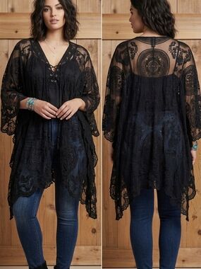 torrid Black Lace Crochet Kimono Tunic With Front Draw String Tassel